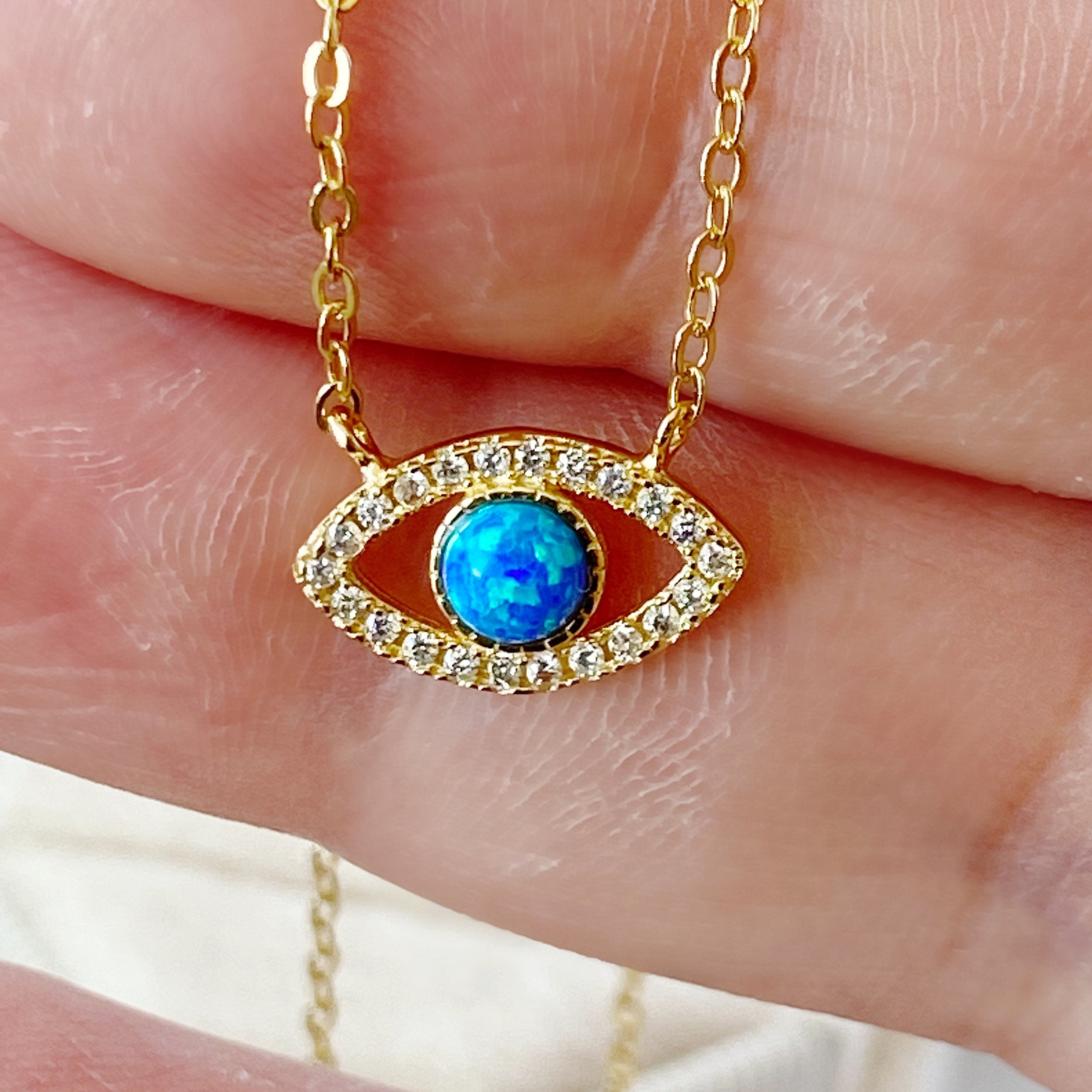 Middle Eastern Jewelry Amulets Opal Bad Eye Necklace Dainty Necklace Evil  Eye Opal Silver Evil Eye Necklace Protection Evil Eye Sterling